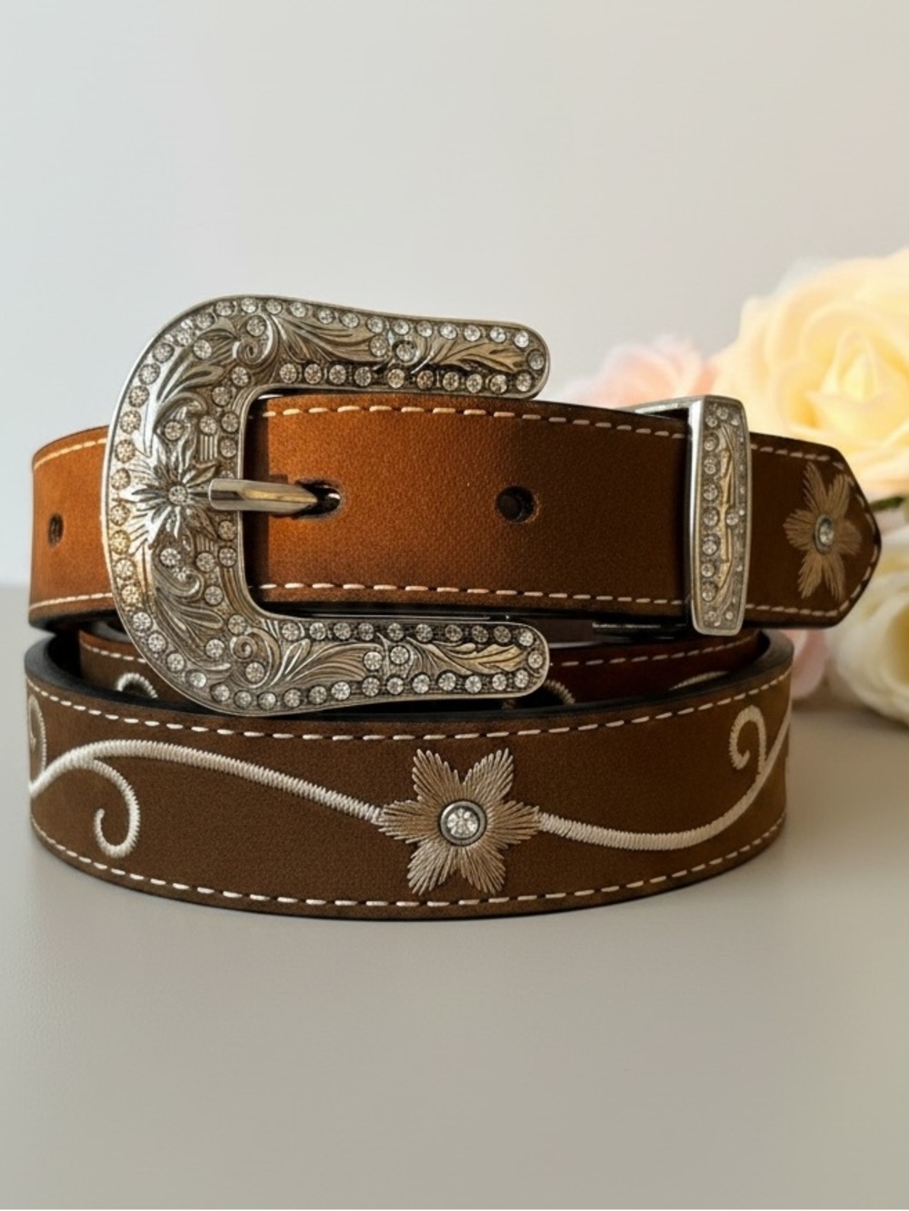 Western Leather Belt Rhinestone Bling Buckle - Topstitched - Floral Embroidery L